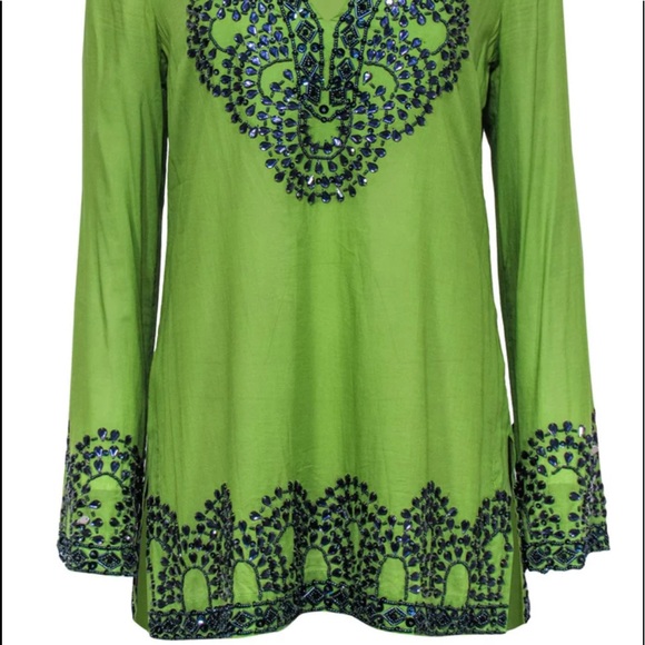 TORY BURCH TUNIC BEADED GEMS SEQUINED GREEN SAPPHIRE BLUE 2 LONG SLEEVE SHIRT SF - Picture 5 of 16